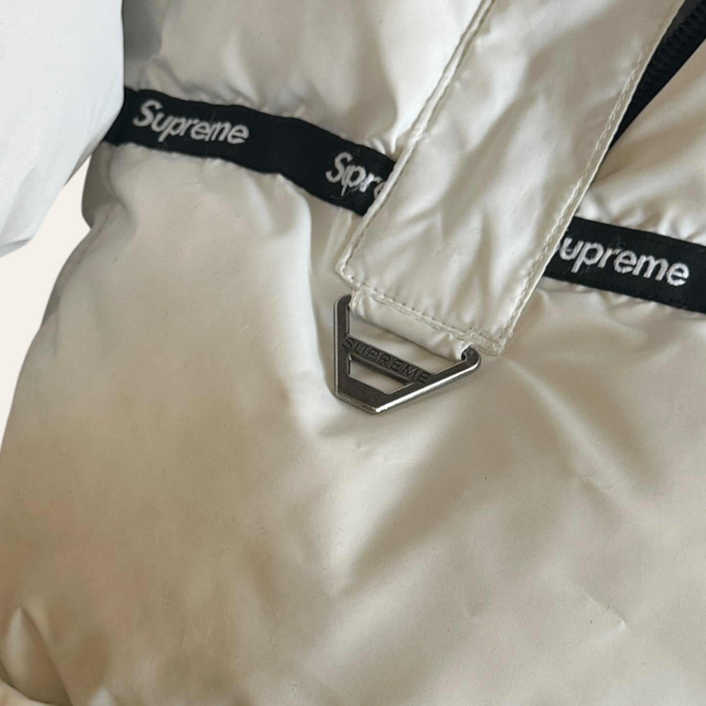 Supreme White Logo Tape Puffer Size L